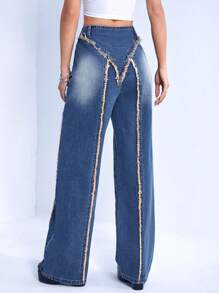 SHEIN ICON Jeans ribete crudo de pierna ancha - Azul lavado medio - Ver 2