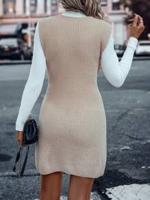 Chiquease 1pc Ribbed Knit Belted Sweater Dress - Apricot - View 2