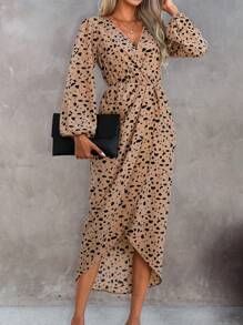 SHEIN Unity 斑點印花燈籠袖鬱金香下擺連衣裙 - 卡其色 - 查看 3