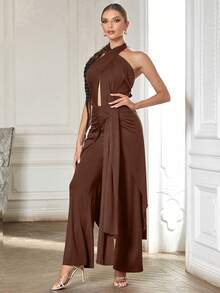 Solid Twist Front Halter Neck Backless Jumpsuit - Brown - View 5