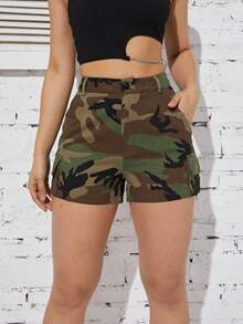 夏季时尚 Y2K 迷彩工装短裤 - 軍綠色 - 查看 4