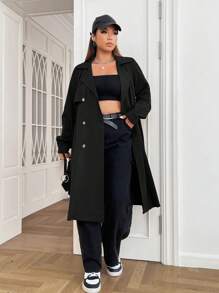 SHEIN EZwear Plus Double Breasted Belted Trench Coat - Black - View 1