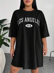 SHEIN EZwear 加大字母图案落肩 T 恤连衣裙加大码 T 恤女童 sy2k 加大码服装超大码 T 恤女式 - 黑色 - 查看 4