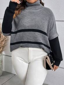 SHEIN Clasi Hơn Mẫu sọc Áo cao cổ Thả vai Áo len - Xám - Xem 6