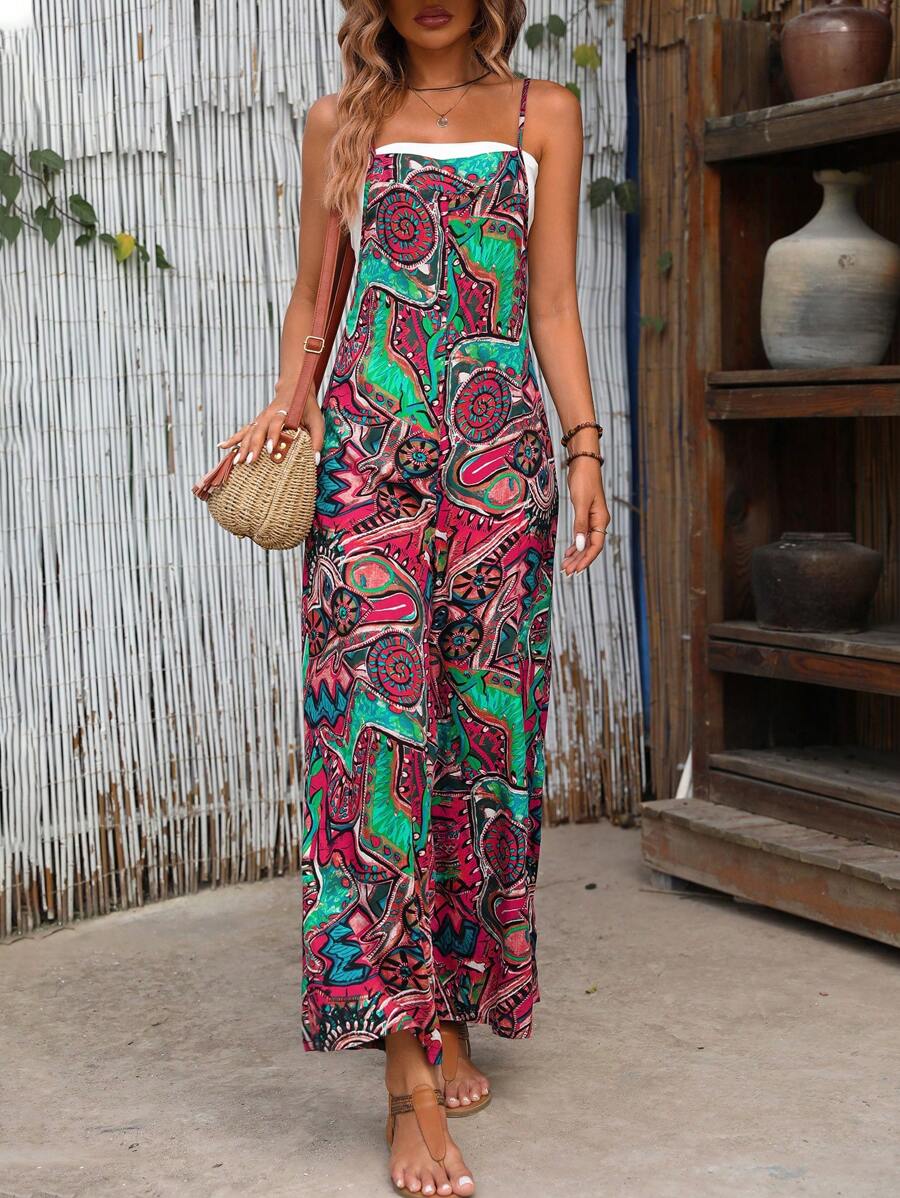 SHEIN VCAY Graphic Print Wide Leg Cami Jumpsuit - Multicolor - View 1