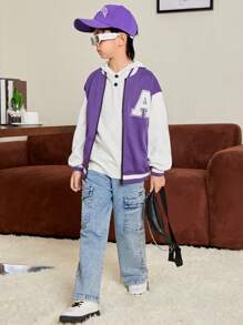 SHEIN Tween Boy Letter Graphic Two Tone Drop Shoulder Varsity Jacket - Multicolor - View 4