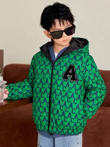 SHEIN Tween Boy Letter Patched Hooded Puff Coat
