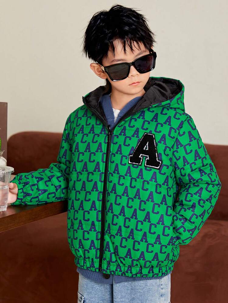 Tween Boy Letter Patched Hooded Puff Coat