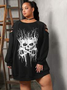 SHEIN CURVE+ Plus Skull Print Cut Out Raglan Sleeve Sweatshirt Dress - Black - View 2
