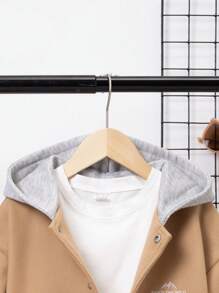 SHEIN 男大童字母刺繡加絨內裏連帽花呢外套不帶T恤 - 棕色 - 查看 5