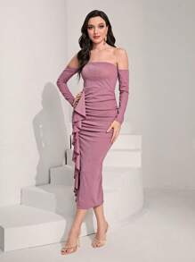 Modelyn Off Shoulder Ruffle Trim Ruched Dress Fall Cloth For Women - Purple - View 3