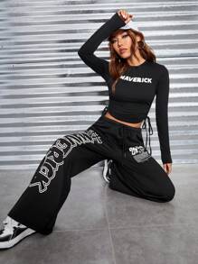 SHEIN EZwear Letter Graphic Drawstring Side Crop Tee & Pants - Black - View 3