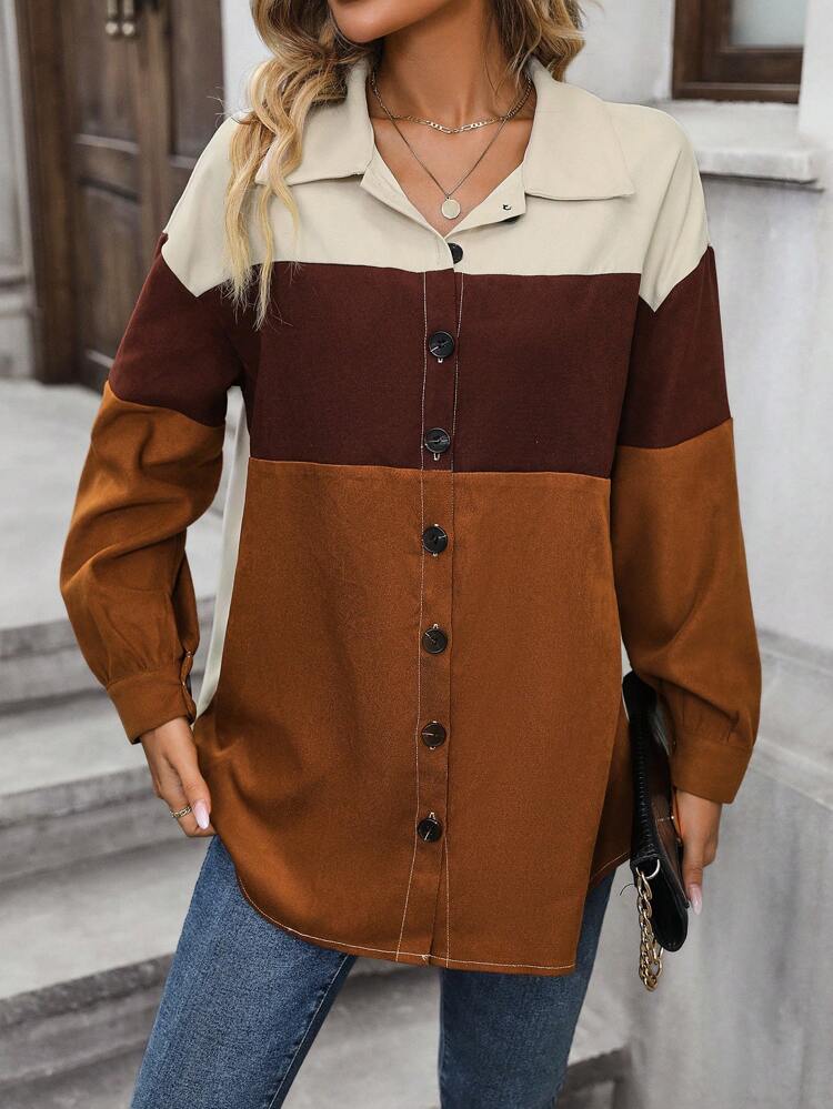 Colorblock Drop Shoulder Button Front Coat