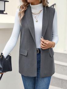 SHEIN LUNE 青果領開門襟馬甲西裝外套 - 深灰色 - 查看 4