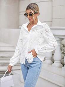 SHEIN Frenchy Solid Eyelet Embroidery Button Front Shirt - White - View 7