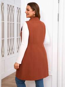 SHEIN Clasi Hơn Cổ áo Đôi ngực Áo vest - Màu Cam cháy - Xem 2