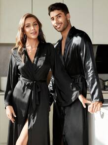 Men Solid Belted Robe - Black - View 2