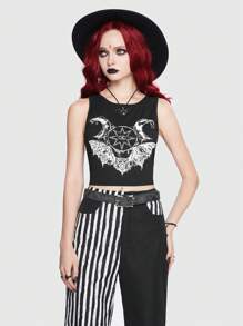 ROMWE Goth Bat Moon Print Tank Top - Black - View 6