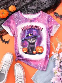 SHEIN Tween Girl Halloween Print Tee, For Halloween Party - Purple - View 1