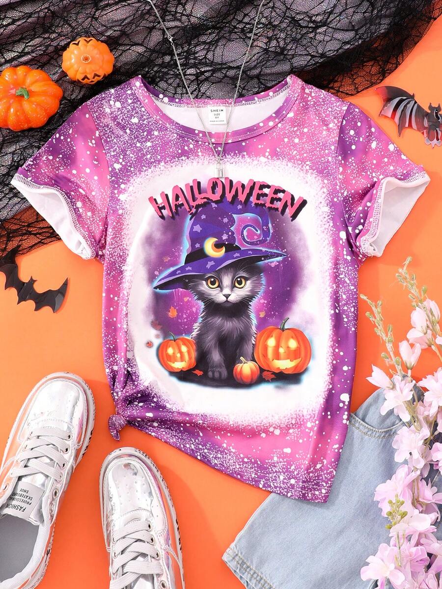 SHEIN Tween Girl Halloween Print Tee, For Halloween Party - Purple - View 1