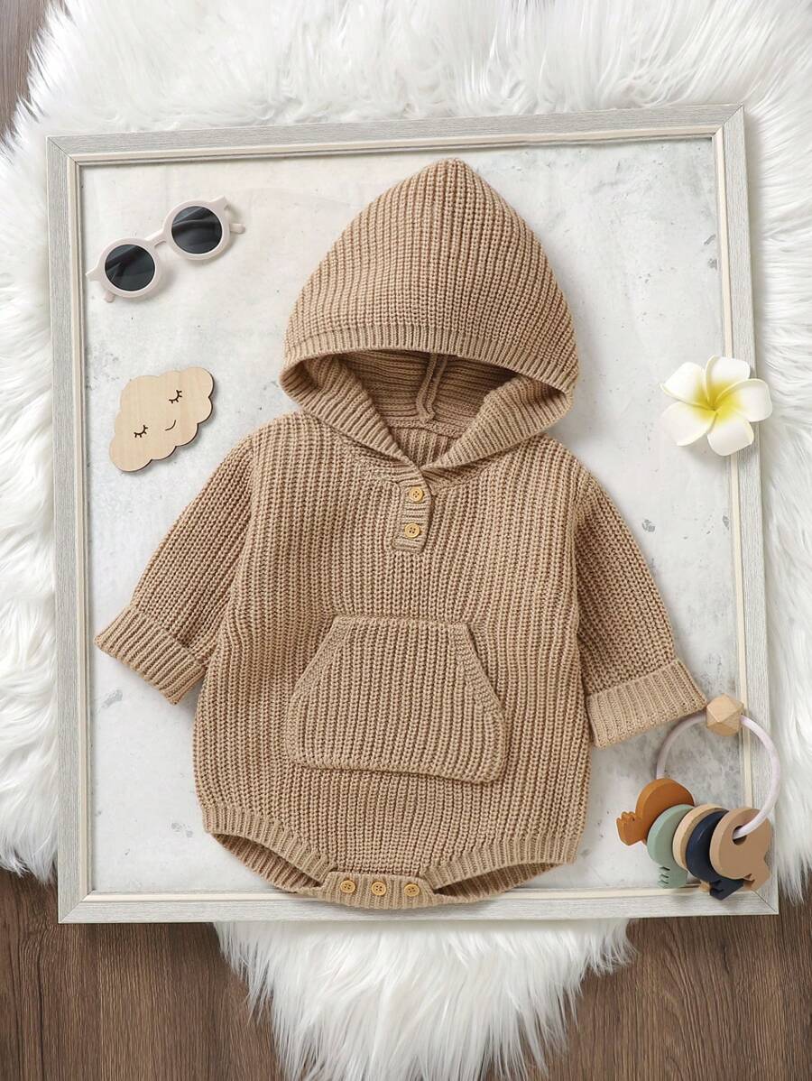 女嬰袋鼠口袋連帽針織連身背心 - 卡其色 - 查看 1