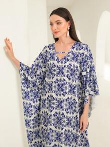 Al Najma Allover Print Batwing Sleeve Kaftan