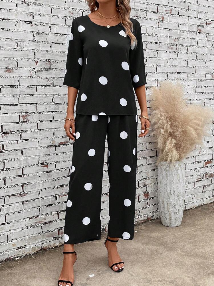 Polka Dot Print Blouse & Wide Leg Pants