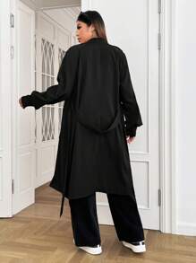 SHEIN EZwear Plus Double Breasted Belted Trench Coat - Black - View 2