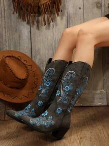 Style With Hoodie Women Fashion Western Style Booties With Embroidery Detail, Fashion Boots, Cowboy Boots For Women - Dark Grey - View 7