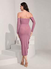 Modelyn Off Shoulder Ruffle Trim Ruched Dress Fall Cloth For Women - Purple - View 2