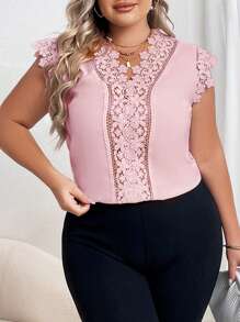 SHEIN Privé Talla grande Blusa panel con encaje - Rosa Pálido - Ver 4
