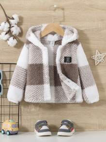 SHEIN Đứa bé trai In kẻ sọc Buffalo Chi tiết vá áo có mũ Áo khoác Teddy Không có áo len - Nhiều màu - Xem 3