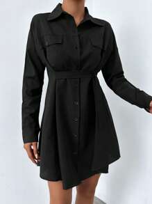 RueChic Drop Shoulder Flap Pocket Shirt Dress - Black - View 5