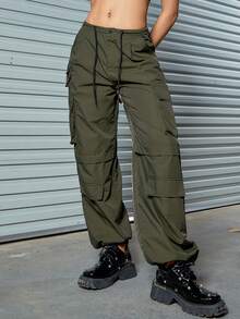 Drawstring Waist Flap Pocket Side Wide Leg Cargo Pants - Army Green - View 5