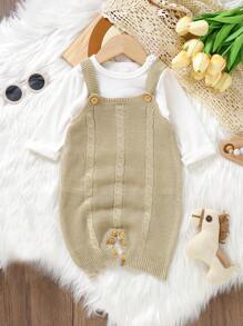 Baby Girl 1pc Button Detail Cable Knit Romper - Khaki - View 1