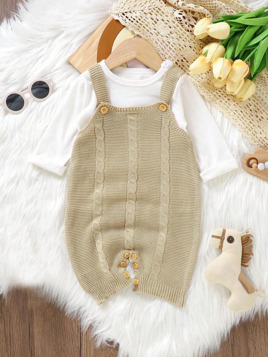 Baby Girl 1pc Button Detail Cable Knit Romper - Khaki - View 1