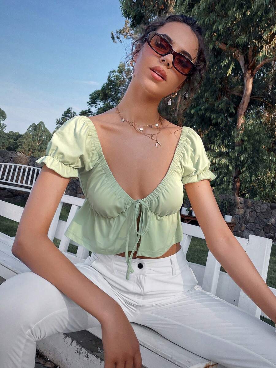 SHEIN Unity Tops de mujeres Nudo Volante rígido Liso Dulce - verde menta - Ver 1