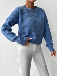 EURMUSE Jersey unicolor de hombros caídos tejido de canalé - Azul - Ver 5