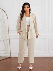 SHEIN Essnce Plus Solid Blazer & Pants - Beige - View 4