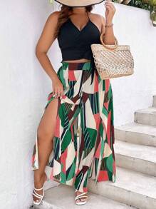 SHEIN LUNE Plus Solid Halter Top & Geo Print Split Thigh Pants - Multicolor - View 5