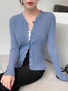 DAZY Scallop Trim Button Front Cardigan,Fall Clothes - Dusty Blue - View 7