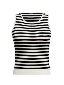 SHEIN BASICS Striped Pattern Crop Knit Top - Black and White - View 1