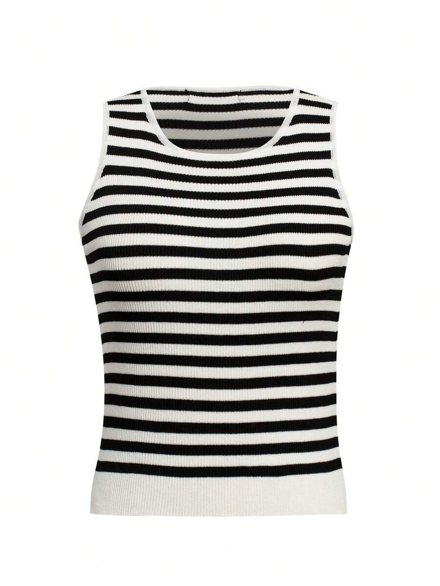 SHEIN BASICS Striped Pattern Crop Knit Top - Black and White - View 1