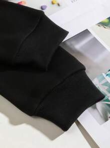 Plus Size Letter Graphic Kangaroo Pocket Drawstring Thermal Sweatshirt, For Winter - Black - View 5