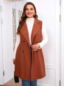 SHEIN Clasi Hơn Cổ áo Đôi ngực Áo vest - Màu Cam cháy - Xem 1