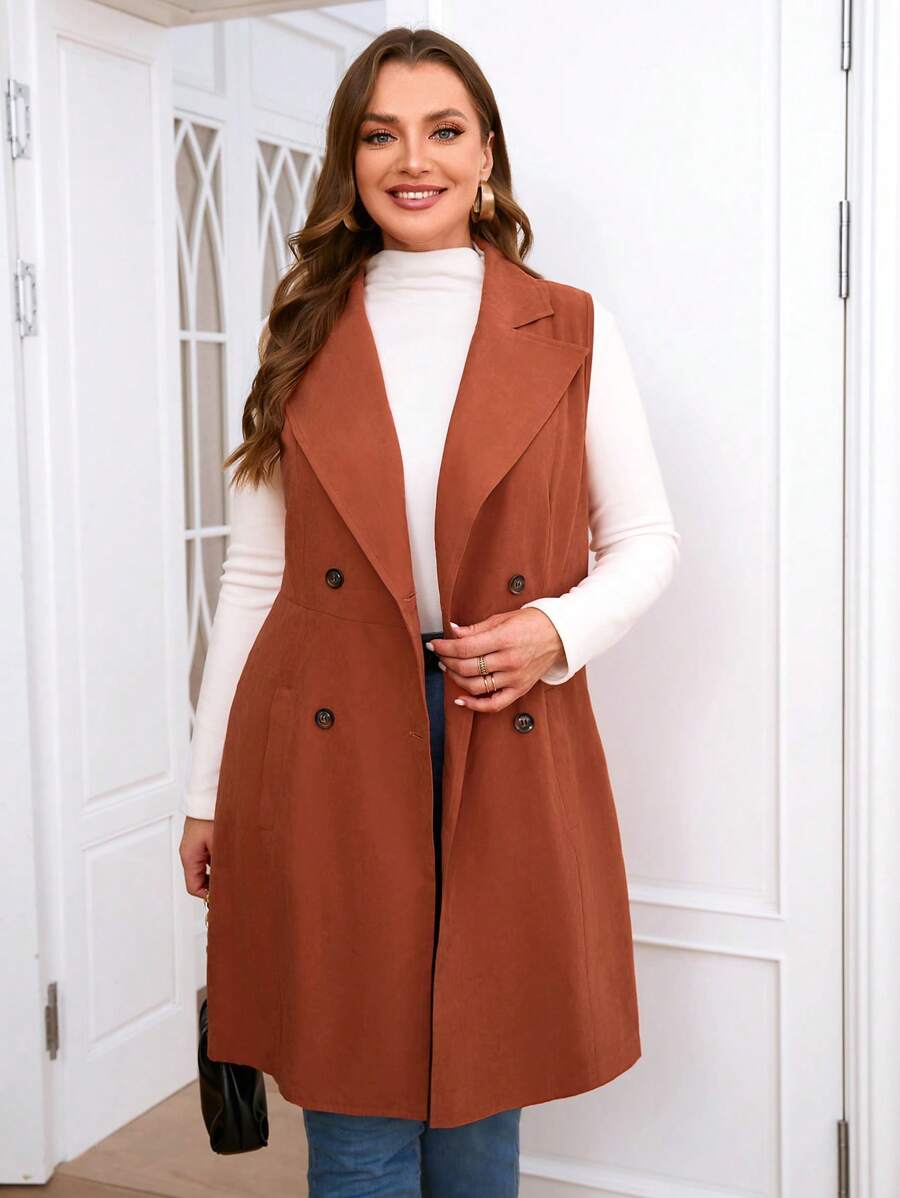 SHEIN Clasi Hơn Cổ áo Đôi ngực Áo vest - Màu Cam cháy - Xem 1