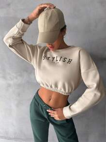 EURMUSE Letter Graphic Drop Shoulder Crop Sweatshirt - Beige - View 1