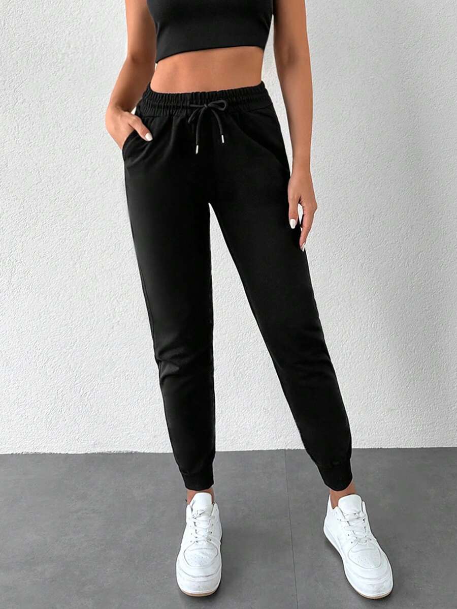 EURMUSE Drawstring Waist Slant Pocket Sweatpants - Black - View 1