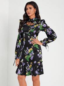 Caterine Sanchez Vestido elegante con estampado floral, cuello de lazo, ribete de volantes y bajo con volantes, para vacaciones y días festivos - Multicolor - Ver 4