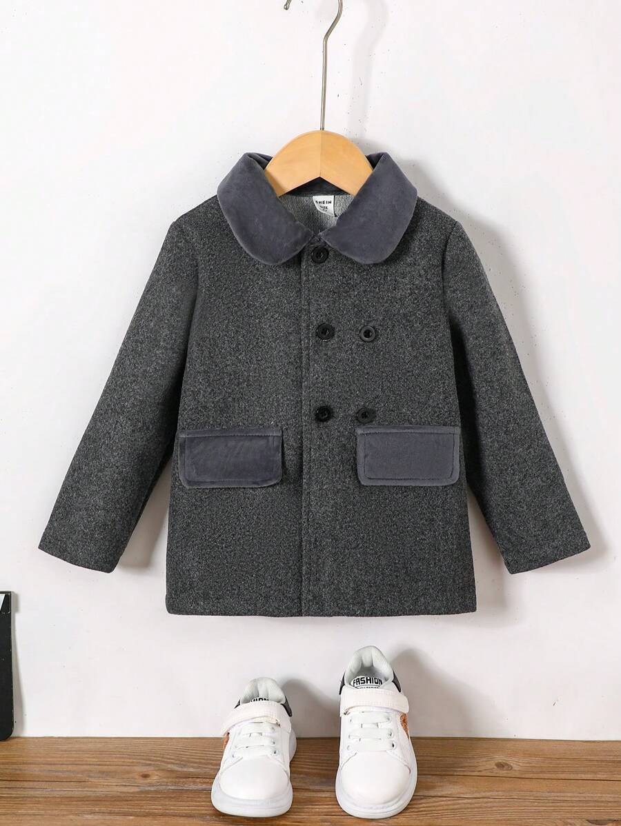Young Boy Double Breasted Flap Detail Overcoat - Grey - View 1